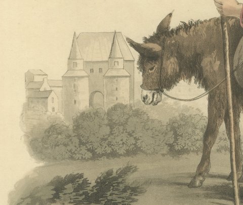 Country Woman and Donkey going to Valenciennes, Antique Print, 1817, close-up 2