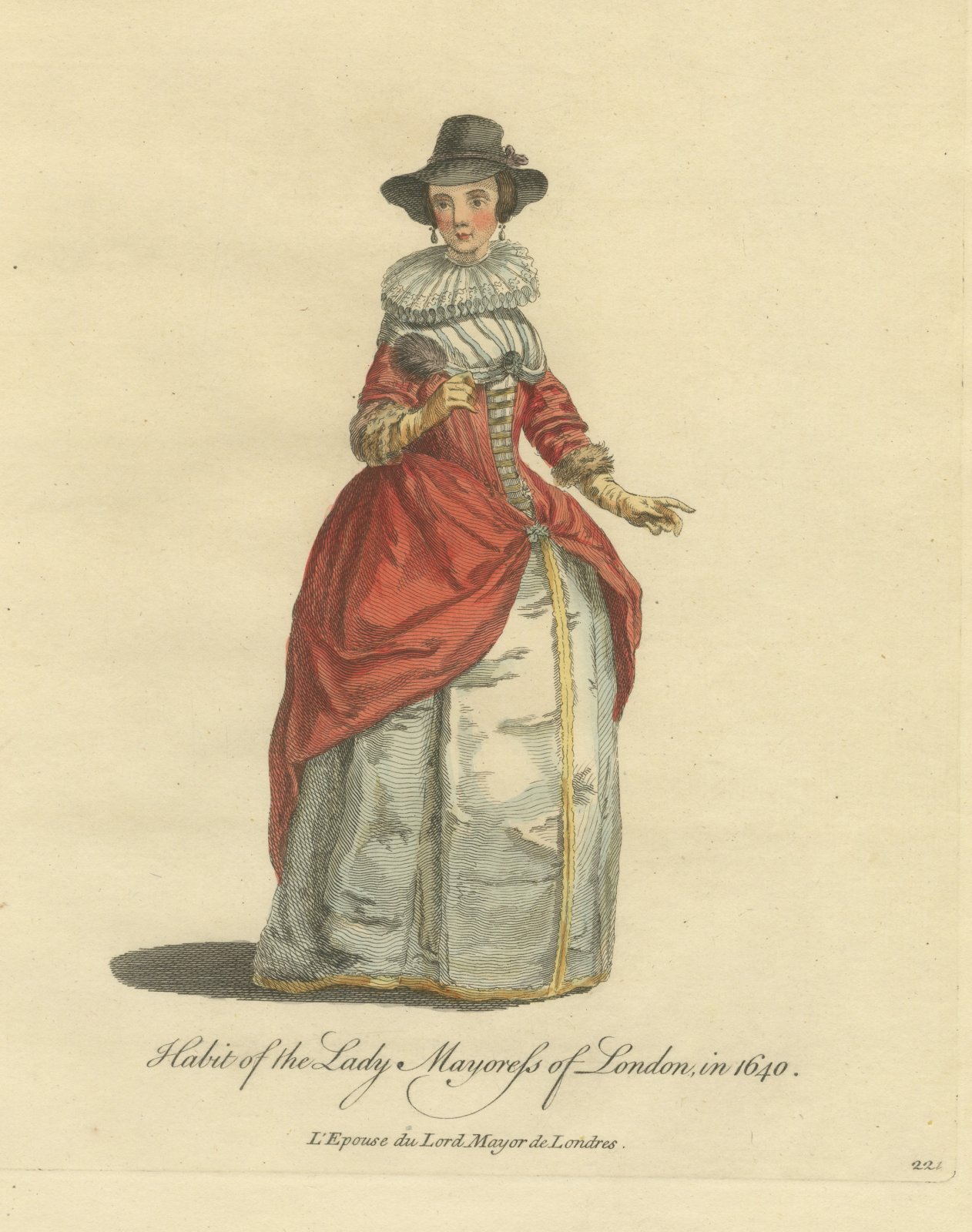 Lady Mayoress of London in 1640, Ruff and Red Gown, Jefferys Costume Print, 1757