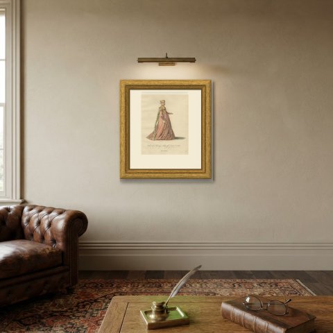 Young Lady of France in 1581 in a Rose Gown, Jefferys Costume Plate, 1757, shown framed on a wall