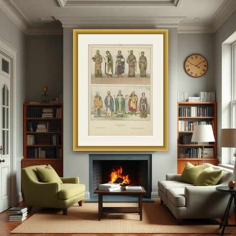 Byzantine Imperial Costume Plate 800–1100, Hand-Colored Print c.1880, shown framed in a room