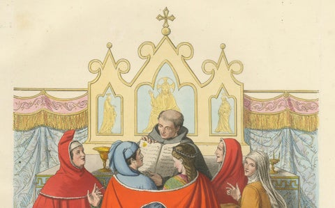 14th Century Italian Wedding, Clergy and Nobility in Antique Print, 1845, close-up 1