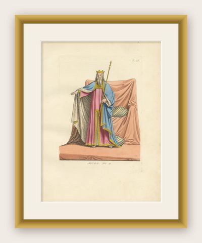 Antique 1845 Hand-Colored Print of a Medieval King in Regal Robes with Scepter, shown framed