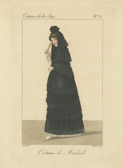 Woman in Traditional Madrid Dress, Hand-Colored Engraving, c.1820, close-up 1
