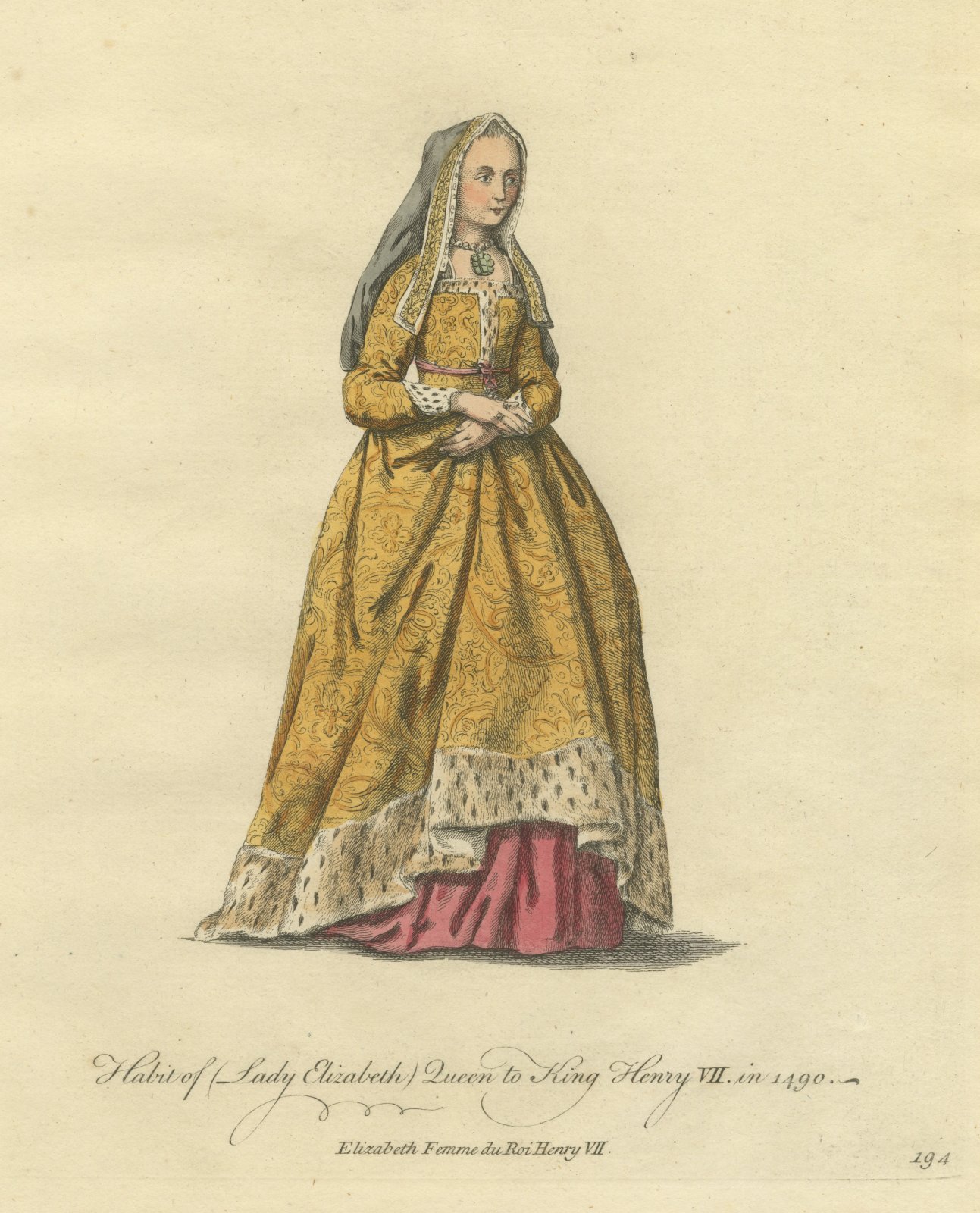 Elizabeth of York, Queen to Henry VII in 1490, Jefferys Costume Plate, 1757