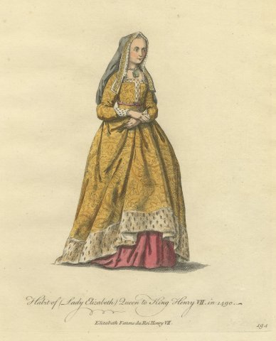 Elizabeth of York, Queen to Henry VII in 1490, Jefferys Costume Plate, 1757