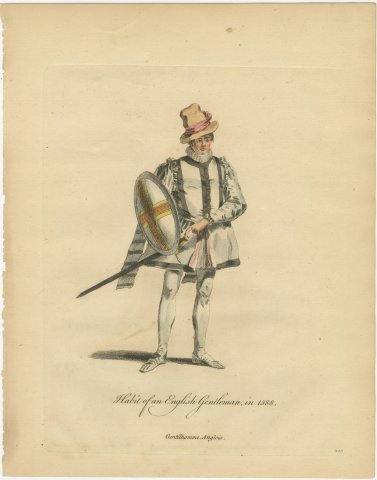 English Gentleman in 1588 with Shield and Sword, Jefferys Costume Print, 1757, view 2