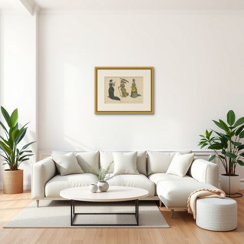 Antique Print of French Ladies by Jacquemin 'c.1870', shown framed in a room