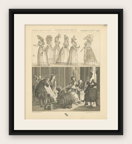 Pl. 120 Antique Print of French 18th Century Dresses by Racinet, 'circa 1880', shown framed