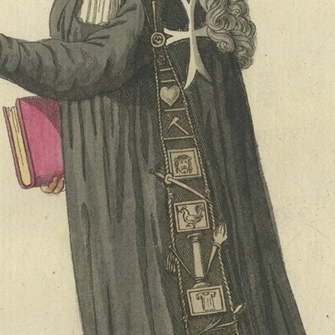 Maltese Knight in Beaked Cloak: 1791 Hand-Colored Engraving of Ceremonial Dress, close-up 5