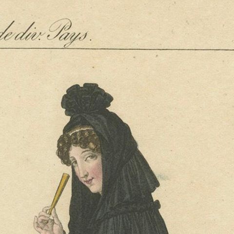 Woman in Traditional Madrid Dress, Hand-Colored Engraving, c.1820, close-up 6