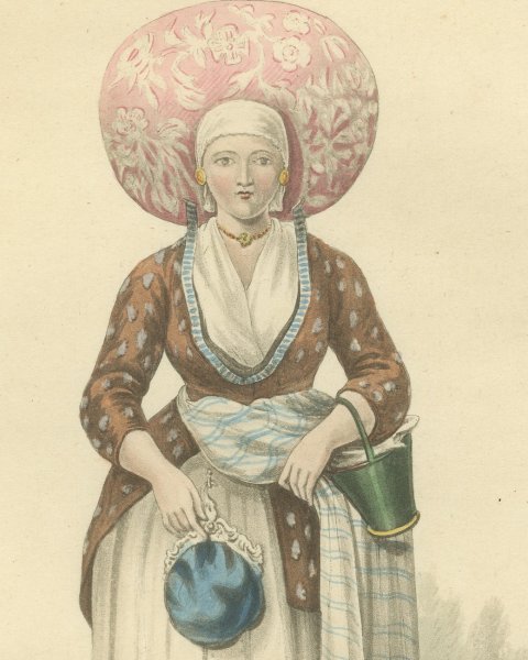 Woman near Rotterdam, Dutch Regional Dress, Antique Ackermann Print, 1817, close-up 1