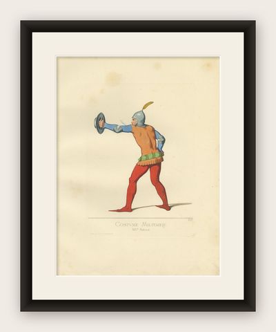 Antique Print of a 14th Century Italian Military Costume by Bonnard, 1860, shown framed