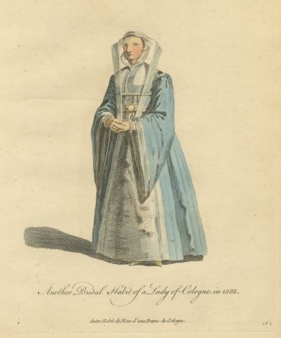 Second Bridal Dress of a Lady of Cologne in Blue Gown and Veil, 1588, 1757
