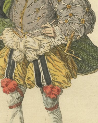 German Nobleman in Plumed Red Cap and Paned Hose, Costume of 1577, 1757, close-up 2