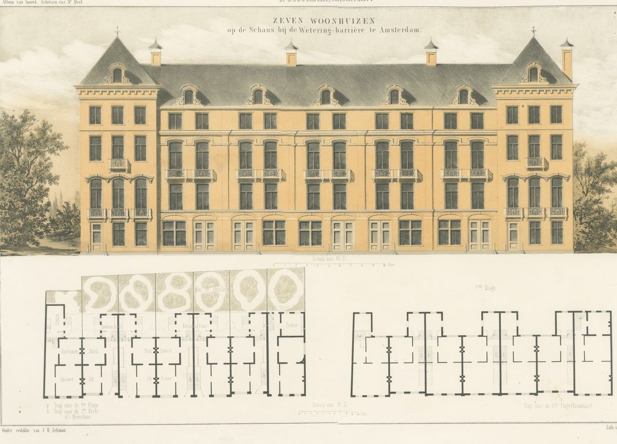 Terrace of Seven Houses, Amsterdam, Dutch Architecture Print, Leliman, 1865-1866, view 4