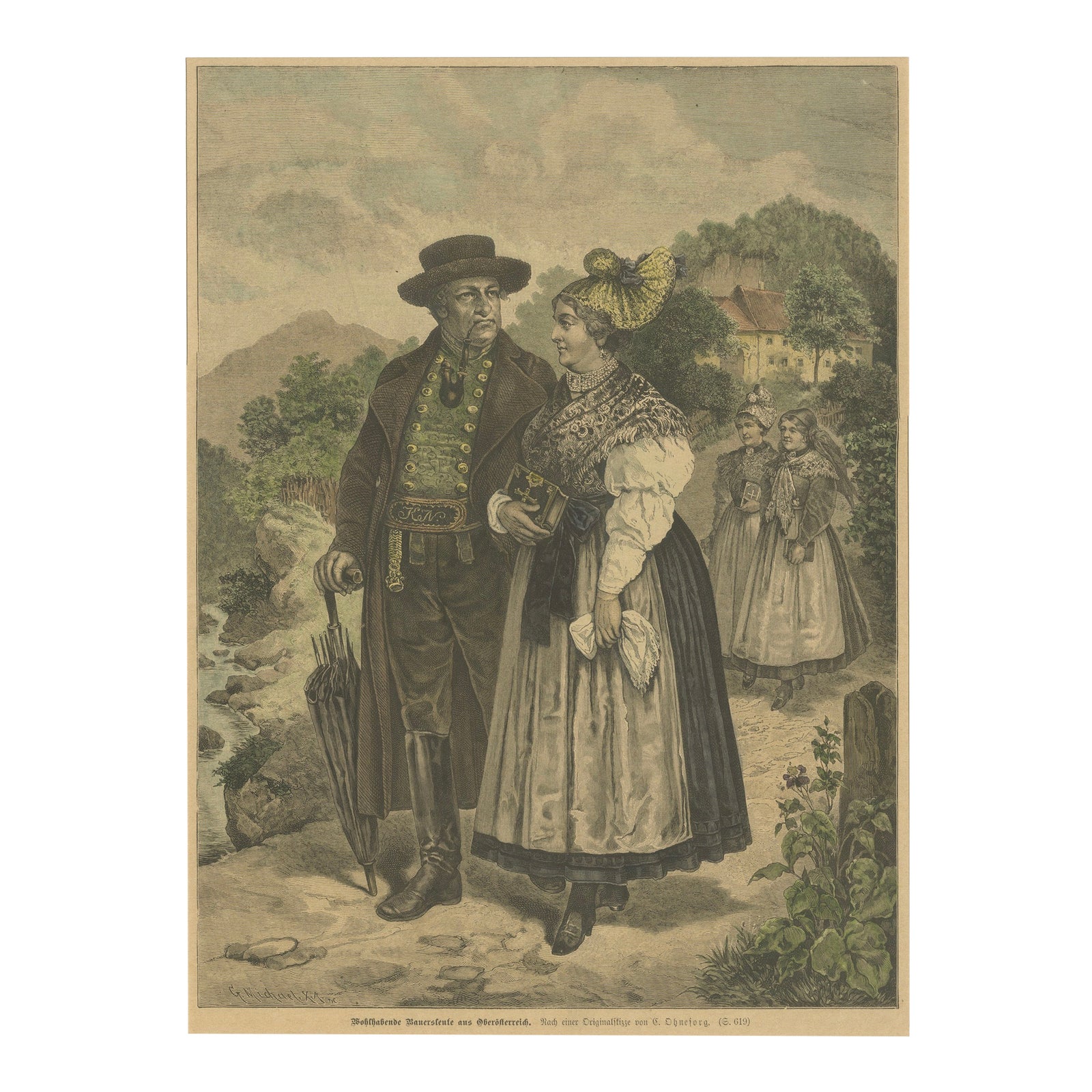 Austrian Folk Couple in Traditional Dress, Alpine Genre Scene, 19th Century