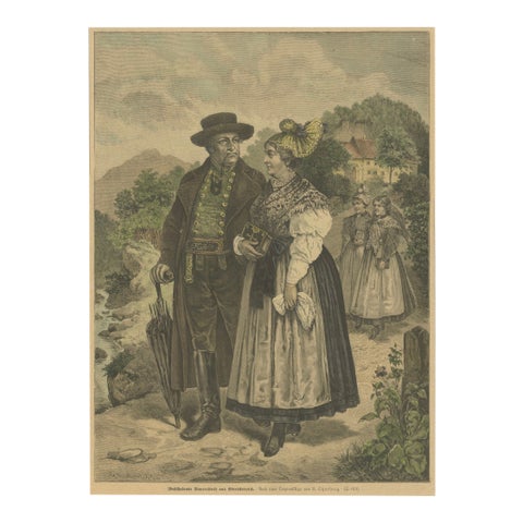 Austrian Folk Couple in Traditional Dress, Alpine Genre Scene, 19th Century