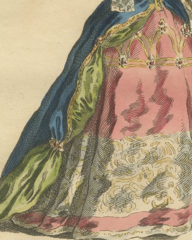 Duchess of Orléans in 1700 with a Fan, Hand Colored Jefferys Engraving, 1757, close-up 2