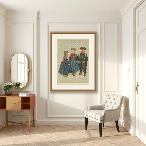 Dutch Children in Traditional Staphorst Dress with Delfts Blue Tile Background, shown framed in a room