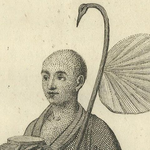 Burmese Monk in His Religious Robe, Antique Costume Print, circa 1800, close-up 3