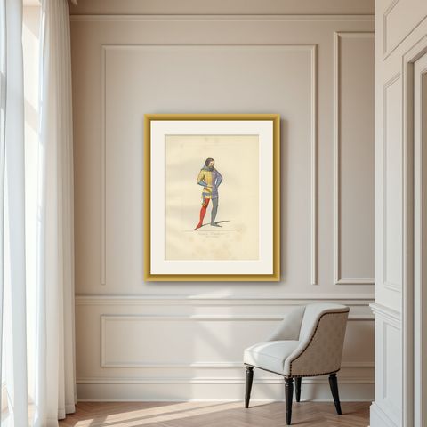 Antique Print of a 14th Century French Nobleman by Bonnard, 1860, shown framed in a room