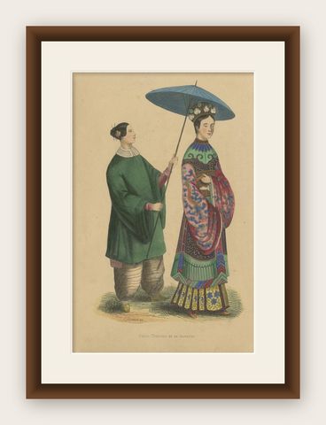 Antique Costume Print of a Chinese Lady and Her Maid by Wahlen, ‘1843’, shown framed