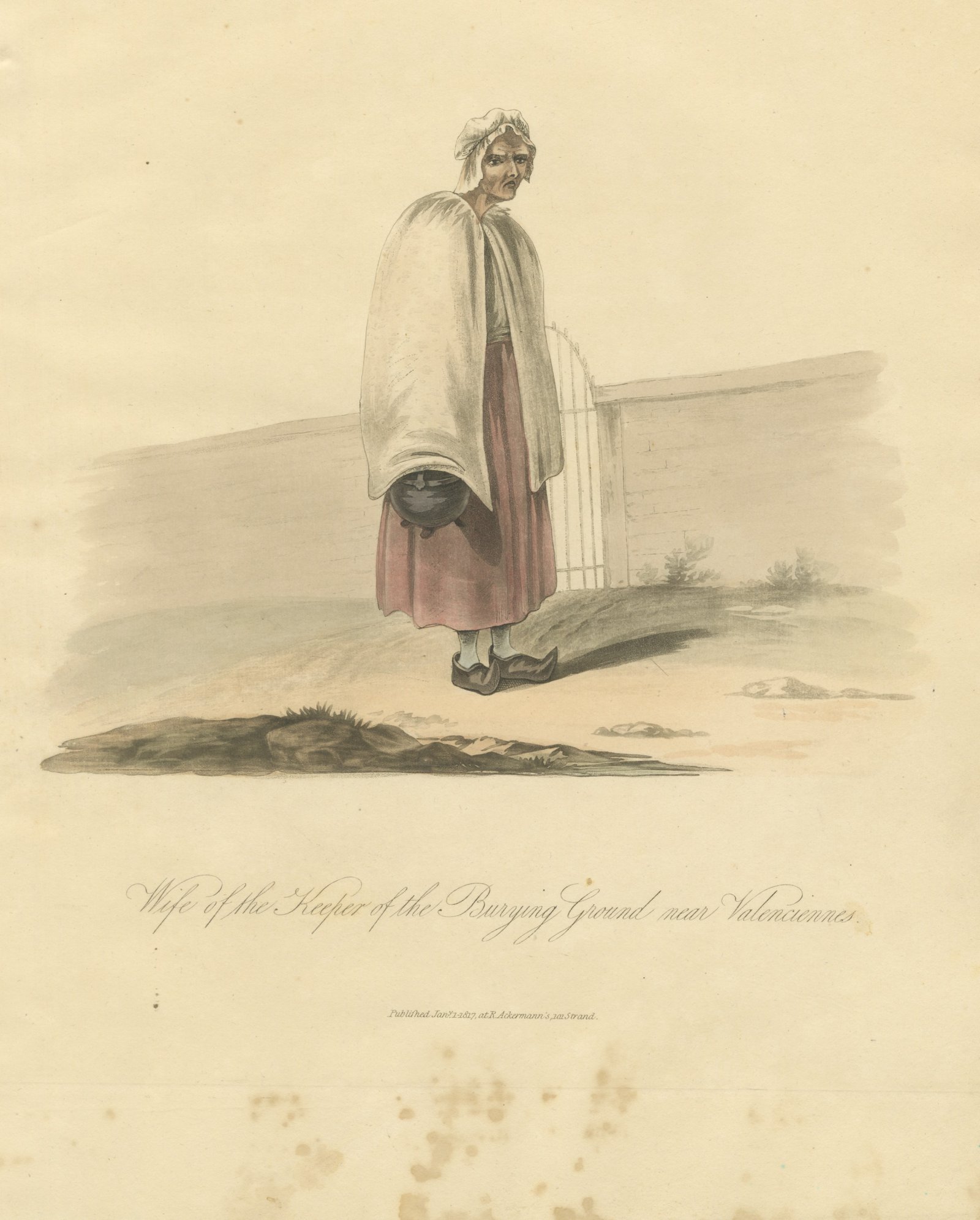 Burying Ground Keeper's Wife near Valenciennes, Antique Print, 1817