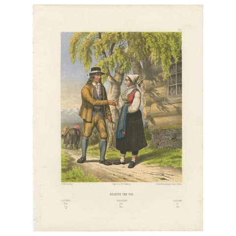 Norwegian Country Attire, Vos Folk Dress, Antique Chromolithograph, c.1860