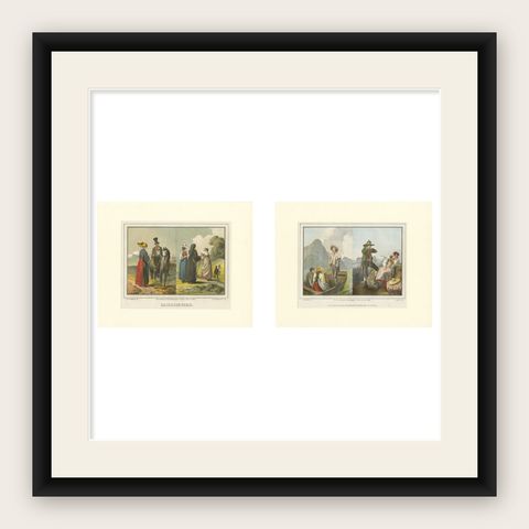 Austrian Folk Costume Pair, Hausruckkreis, Alpine Genre Scenes, 19th Century, shown framed