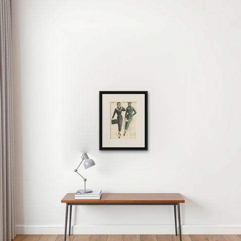 Vintage Fashion Print 'Pl. 16526' Published in Le Tailleur Moderne, 1954, shown framed on a wall