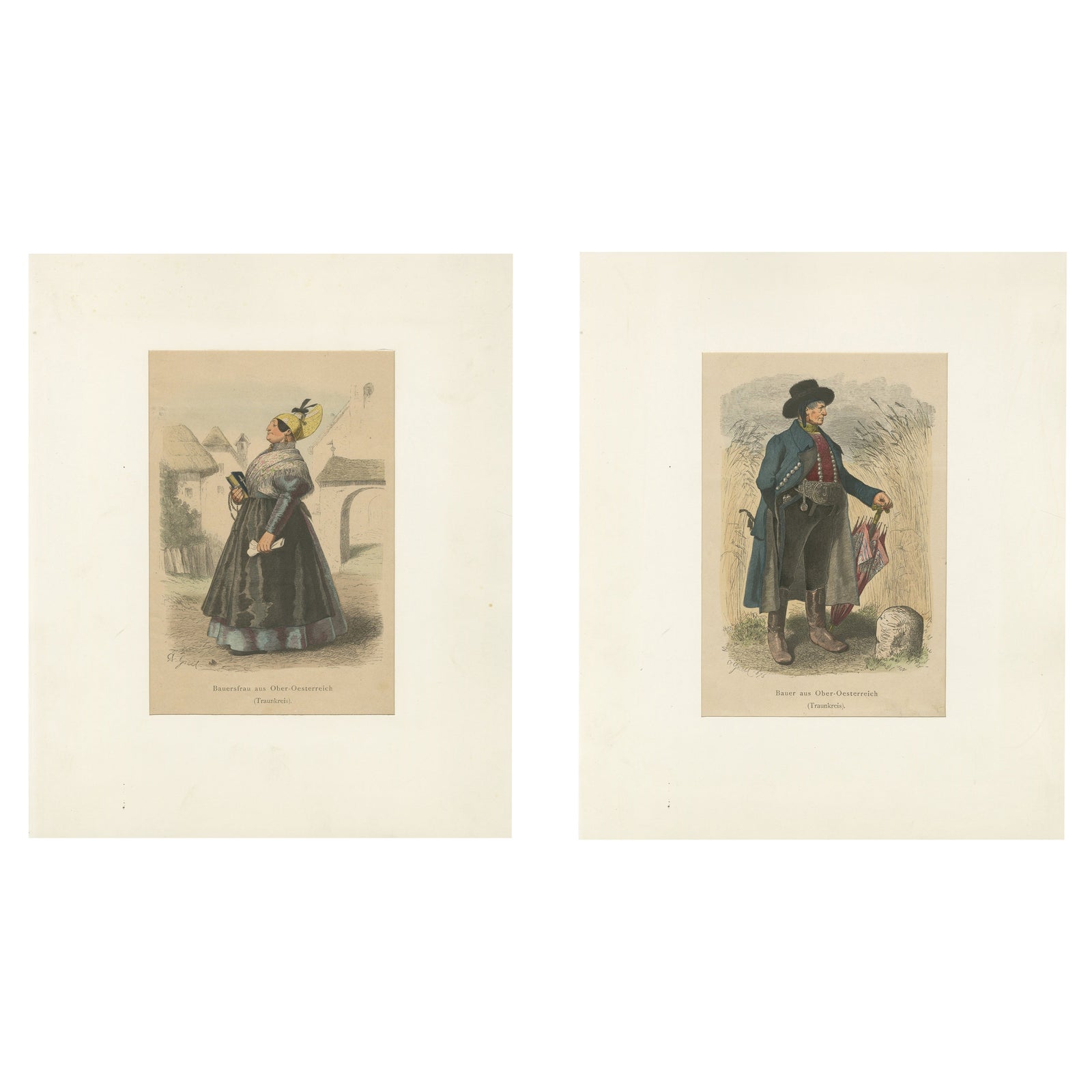 Austrian Folk Costume Pair, Upper Austria, Elegant Rural Figures, 1876