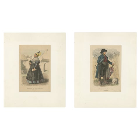 Austrian Folk Costume Pair, Upper Austria, Elegant Rural Figures, 1876