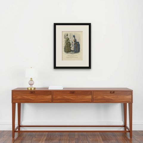 French Fashion Print, Parisian Ladies & Child Interior Scene, c.1887, shown framed on a wall