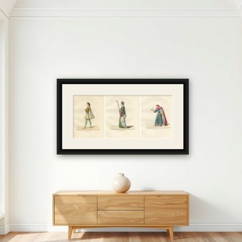 Young Sienese, Noblewoman, and Apothecary in Medieval Italian Dress - 1845, shown framed on a wall