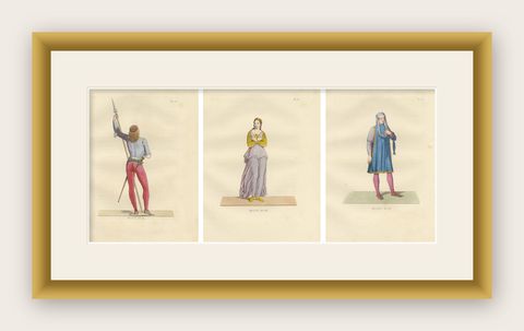 Renaissance Italian Costumes: Soldier, Young Italia Lady, Florentine Noble, 1845, shown framed