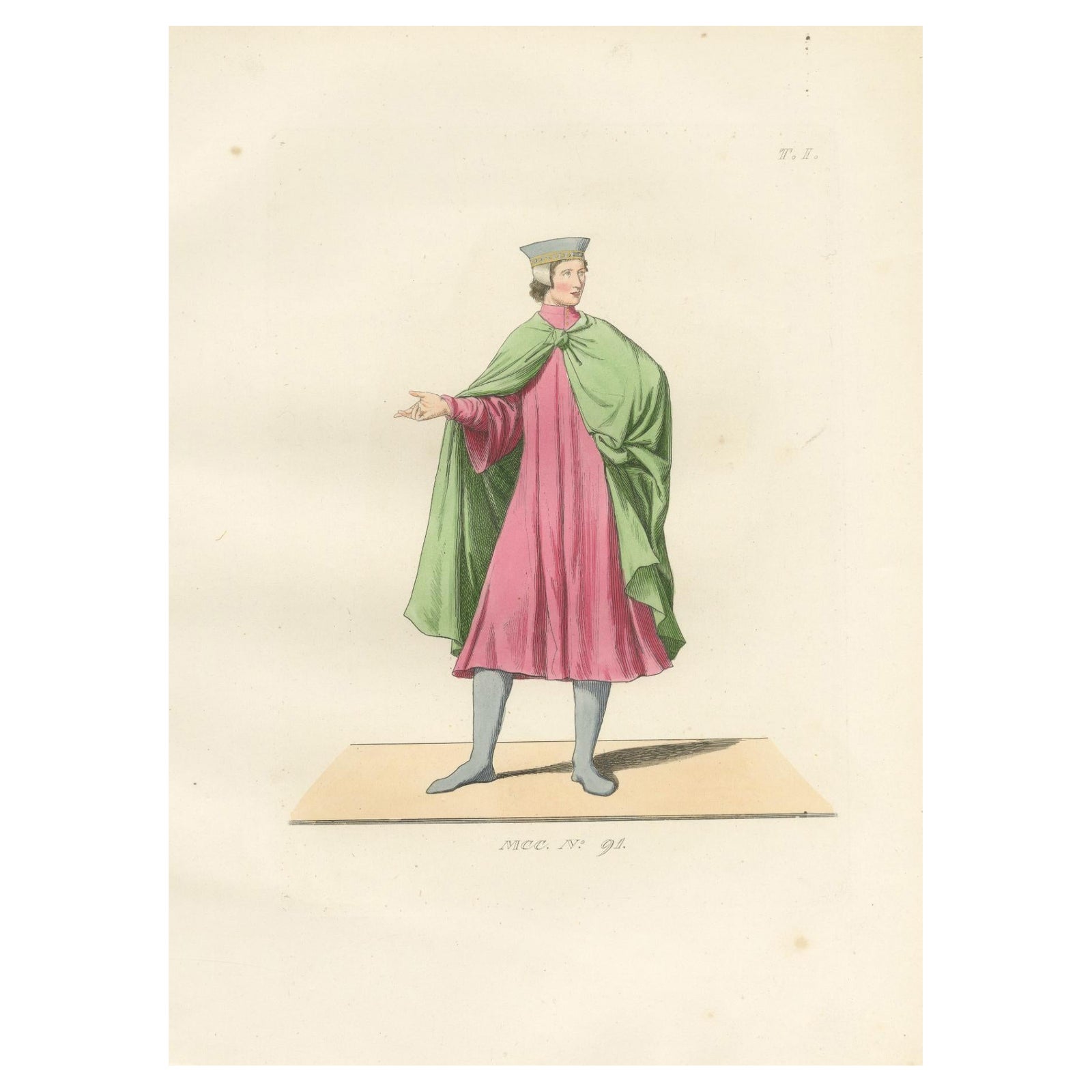 Historic Costume Print 1845, Renaissance Youth in Tunic and Cloak