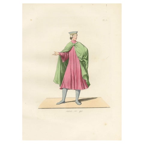 Historic Costume Print 1845, Renaissance Youth in Tunic and Cloak