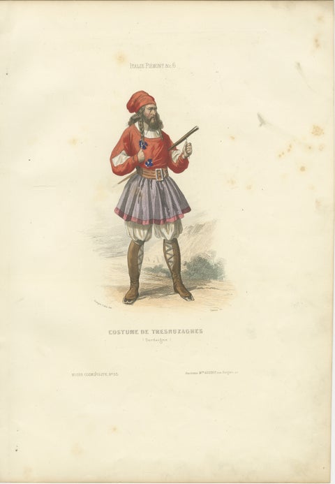 Sardinian Man Costume Print Tresnuraghes 1853 by Compte-Calix, Hand-Colored, view 2