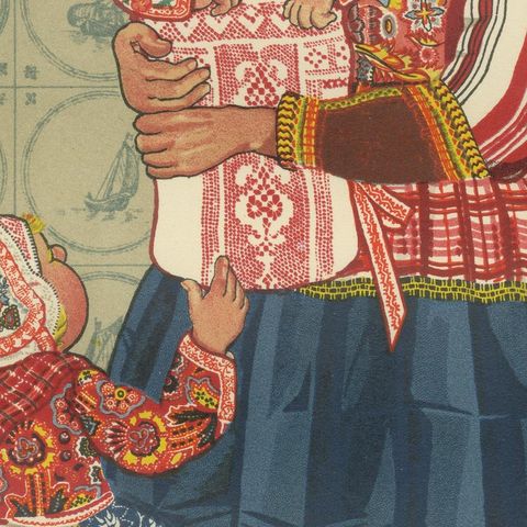 Dutch Women and Infant Traditional Dress from Marken, Old Costume Print, 1932, close-up 6