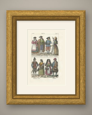 Costume of Salamanca, Leon, Avila and Catalonia, Hand Colored Lithograph, 1842, shown framed