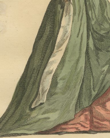 Lady of Quality in Burgundy in Green Gown and Plumed Hat, Costume of 1577, 1757, close-up 2