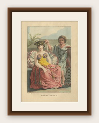 Otaheite Tahiti Couple in Native Dress, Hand-Colored Ethnographic Print, 1807, shown framed