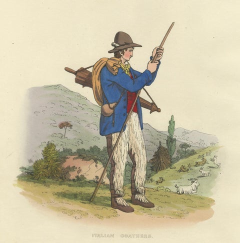 Costume Print: Italian Goatherd in the Hills, 1820s Hand-Colored Engraving, close-up 4