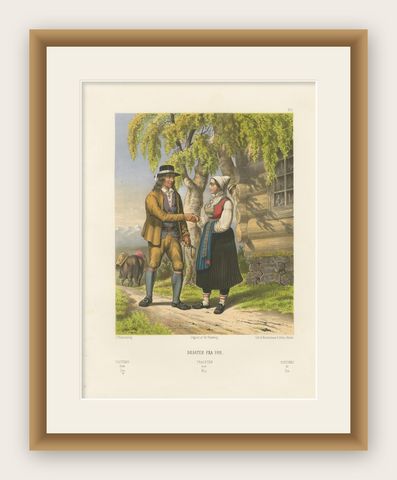 Norwegian Country Attire, Vos Folk Dress, Antique Chromolithograph, c.1860, shown framed