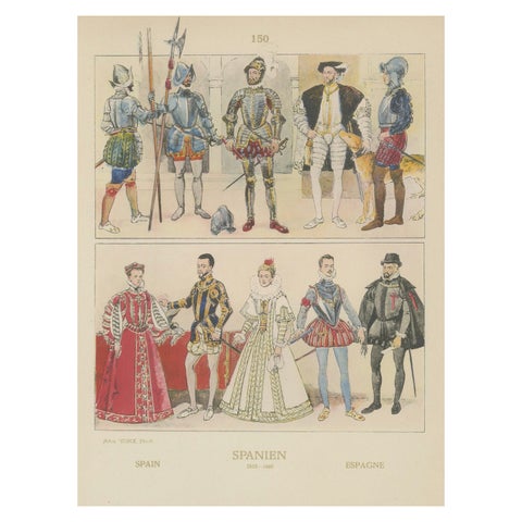 Renaissance Spain Costume & Armour Print, 1880 Chromolithograph by Tilke