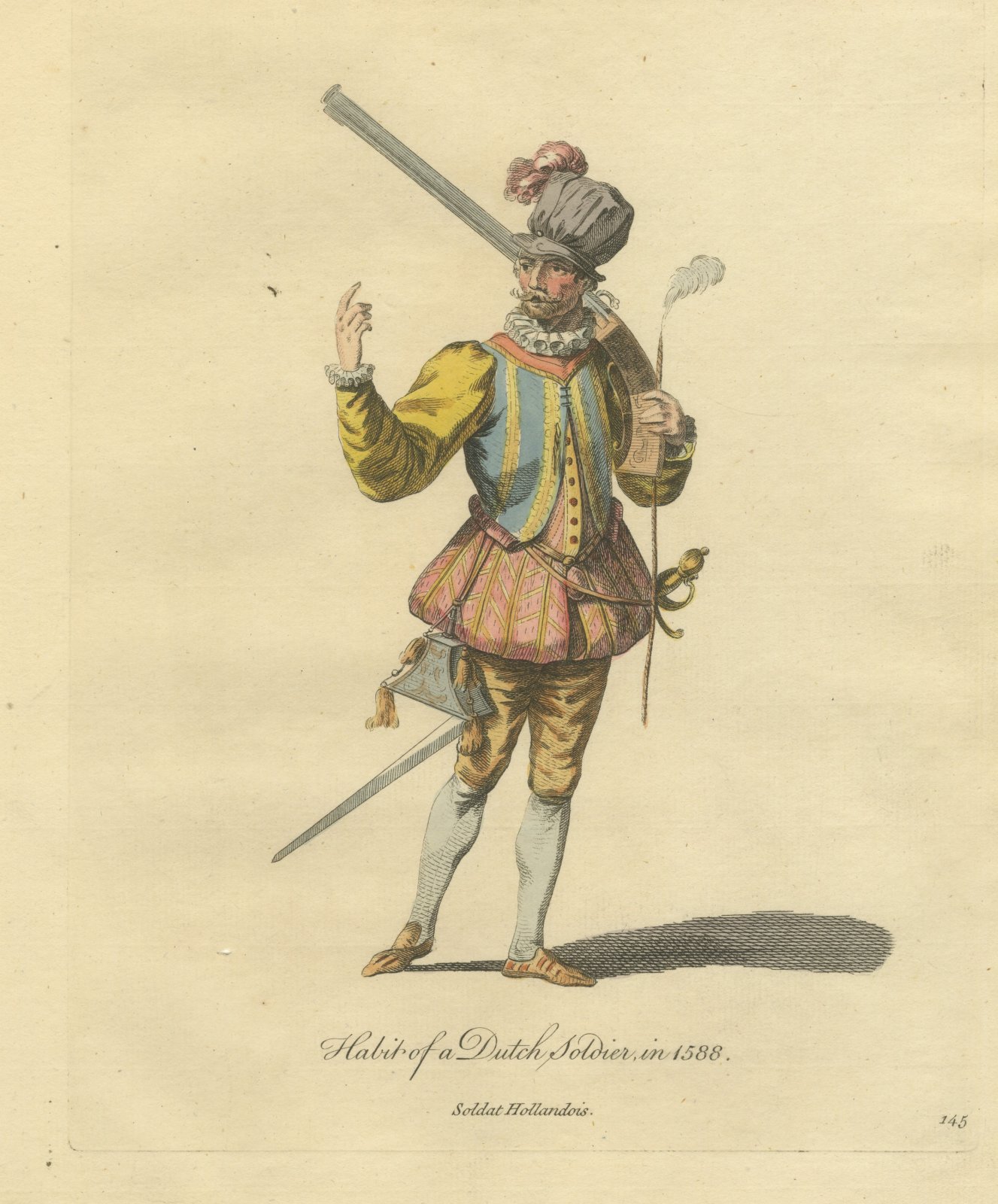 Dutch Soldier in 1588 with a Musket, Hand Colored Jefferys Costume Plate, 1757