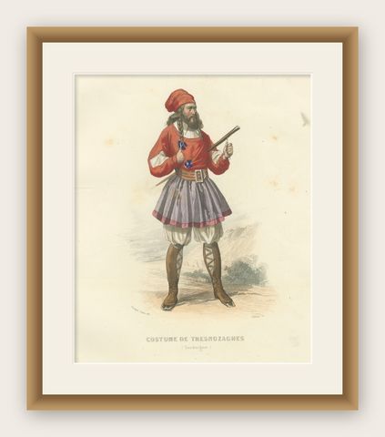 Sardinian Man Costume Print Tresnuraghes 1853 by Compte-Calix, Hand-Colored, shown framed