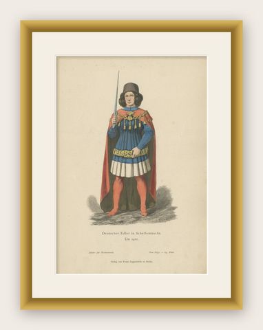 Antique Costume Print of a German Nobleman by Lipperheide, c.1880, shown framed