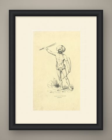 Native of Vatou-Lele, Fiji, Antique Wahlen Costume Print, 1843-1844, shown framed