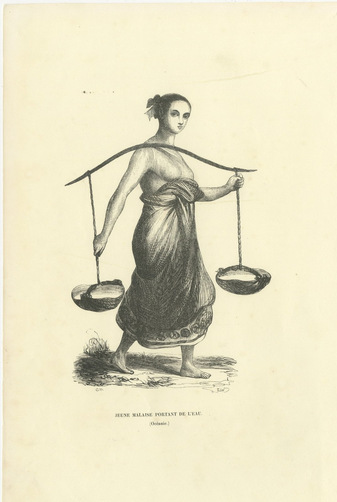 Young Malay Woman Carrying Water, Antique Wahlen Costume Print, 1843-1844